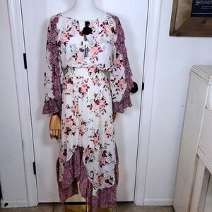MISA Los Angeles Floral Ruffle Boho Midi Maxi Dress XS Purple White Tiered